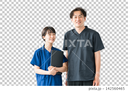 A smiling male and female doctor and two medical staff members standing side by side. A cutout image of people that can be used for hospital team medicine or recruitment. A smiling male and female doctor and two medical staff members standing side by side. A cutout image of people that can be used for hospital team medicine or recruitment. 142560465