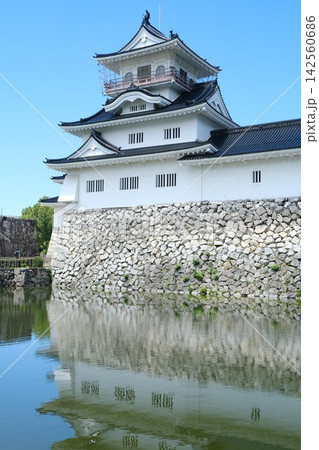 中国古建築と白い橋。伝統的な曲線屋根と石造り工法 中国古建築と白い橋。伝統的な曲線屋根と石造り工法 142560686