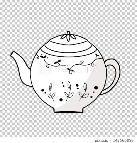 一幅別緻的茶壺插圖，帶有植物圖案（單色）。 142560859