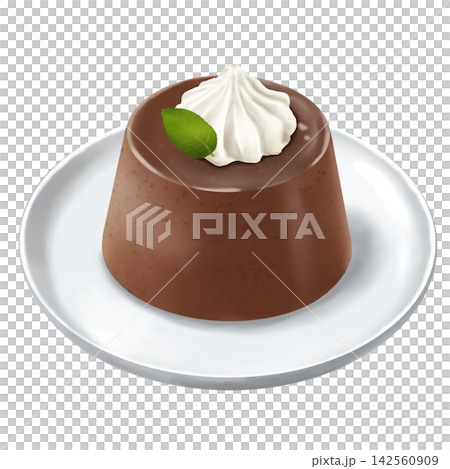 Chocolate pudding topped with whipped cream served on a plate. Chocolate pudding topped with whipped cream served on a plate. 142560909