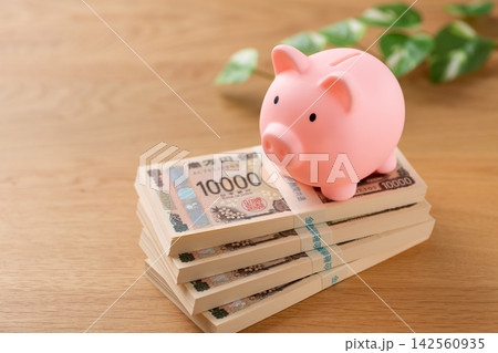 400万円の札束とピンクの豚の貯金箱 400万円の札束とピンクの豚の貯金箱 142560935