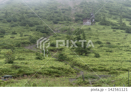 夏に霧が包む志賀高原の青々とした斜面と山小屋風施設 夏に霧が包む志賀高原の青々とした斜面と山小屋風施設 142561121