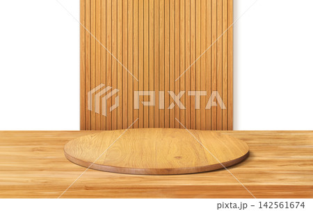 Empty wooden table top with vertical wood batten wall background for product display mockup. 142561674