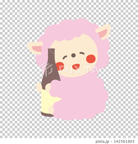 一隻可愛的醉羊角色插畫，手裡拿著一瓶清酒。 142561803
