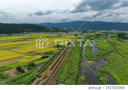 三重県伊賀市の稲田と河川を捉えた空撮写真 142562060