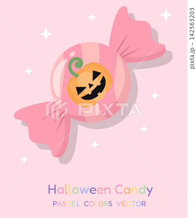 Pastel Pink Halloween Candy with Cute Jack O Lantern Pumpkin Vector 142563203
