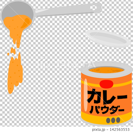 Curry powder in a can and curry powder dripping from a measuring spoon Curry powder in a can and curry powder dripping from a measuring spoon 142563553