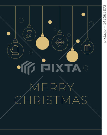 Elegant dark blue Merry Christmas background featuring hanging gold ornament baubles Elegant dark blue Merry Christmas background featuring hanging gold ornament baubles 142563872