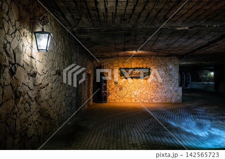 Huge decorative bottle inside historic underground wine cellars Huge decorative bottle inside historic underground wine cellars 142565723
