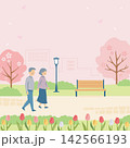 春の公園を散歩するシニアのイラスト 142566193