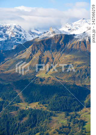 Schilthorn Birg Lauterbrunnen Bernese Oberland Swiss Alps Switzerland snow covered mountain peaks and observatory Schilthorn Birg Lauterbrunnen Bernese Oberland Swiss Alps Switzerland snow covered mountain peaks and observatory 142566259