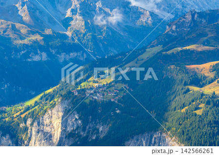 Wengen alpine village Switzerland above Lauterbrunnen valley surrounded by forests and mountain peaks in the Jungfrau region Wengen alpine village Switzerland above Lauterbrunnen valley surrounded by forests and mountain peaks in the Jungfrau region 142566261