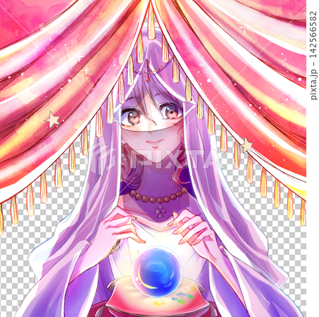 A female fortune teller uses a crystal ball to tell fortunes; she holds her hand over her eyes; a veil; a canopy. 142566582