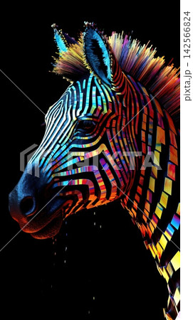 Close up of zebra head with colorful abstract stripes on black background 142566824
