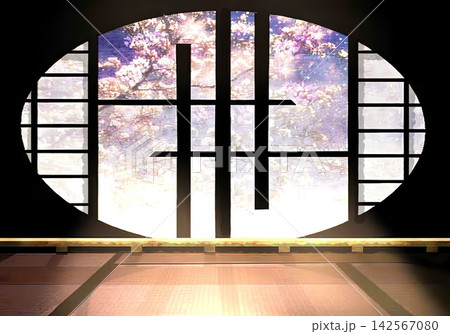 ゲーム背景.　和室と夜桜室内 142567080