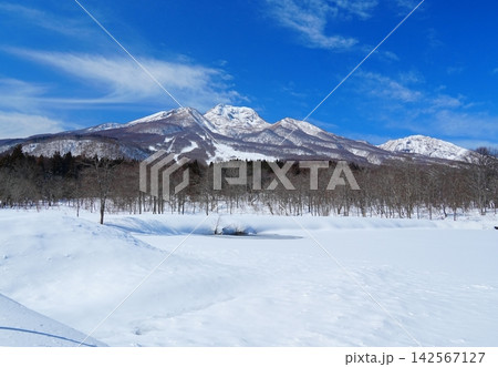 雪に埋もれたイモリ池から望む冬晴れの青空を背景にした妙高山の風景　Ver1 142567127