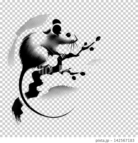 木の枝に登るねずみの墨絵 142567183