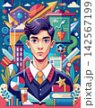 Posters or covers in a trendy doodle style with geometric shapes, bold design elements and modern typography. Back to school, college, education, learning concept. Templates for advertising, branding, 142567199