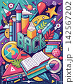 Posters or covers in a trendy doodle style with geometric shapes, bold design elements and modern typography. Back to school, college, education, learning concept. Templates for advertising, branding, 142567202