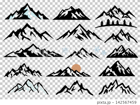 一組描繪雪山、山脈和冬季景色的簡單插圖。 一組描繪雪山、山脈和冬季景色的簡單插圖。 142567459