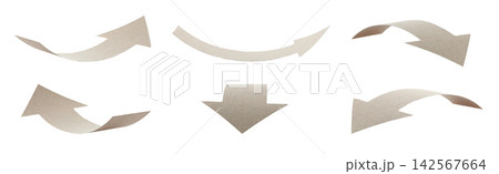 Set of arrows made from kraft paper, curved in an arc shape and isolated on transparent background. Minimal handmade paper element for design, navigation, banners, and layouts 142567664