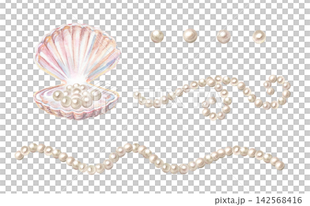 Pink seashell with natural white pearl beads, strand necklaces and wave borders. Hand drawn watercolor illustration set isolated on. Realistic marine graphic art clip art Pink seashell with natural white pearl beads, strand necklaces and wave borders. Hand drawn watercolor illustration set isolated on. Realistic marine graphic art clip art 142568416