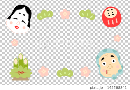 Cute Japanese frames featuring katafuku and hyottoko masks Cute Japanese frames featuring katafuku and hyottoko masks 142568841