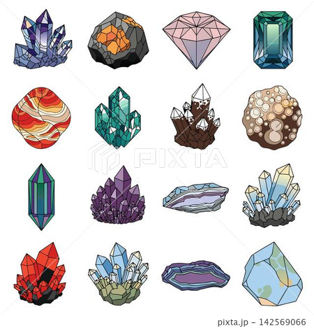 The image shows a set of colorful graphic illustrations featuring 16 different crystals, gemstones, and mineral rocks 142569066