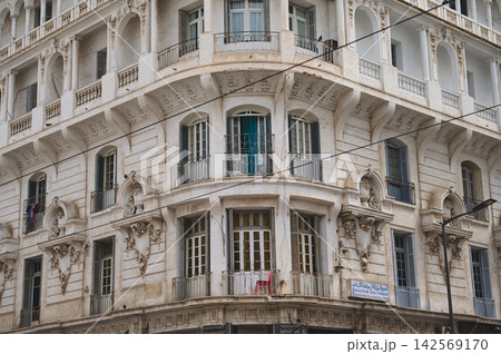 Historic Art Deco building facade with balconies on a Casablanca street corner Historic Art Deco building facade with balconies on a Casablanca street corner 142569170
