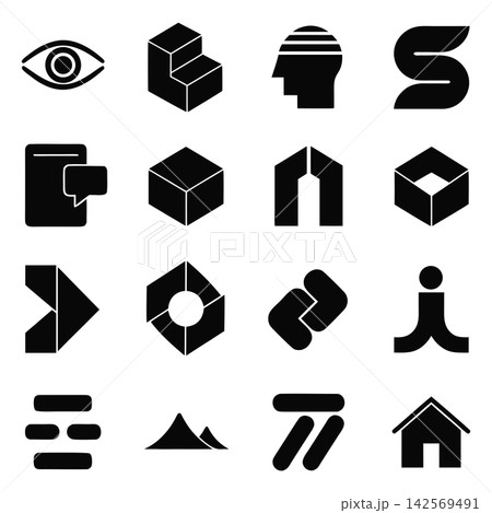 The image consists of a grid of 16 minimalist black-and-white graphic logos and abstract geometric icons The image consists of a grid of 16 minimalist black-and-white graphic logos and abstract geometric icons 142569491