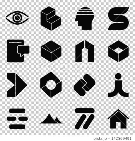 The image consists of a grid of 16 minimalist black-and-white graphic logos and abstract geometric icons 142569491
