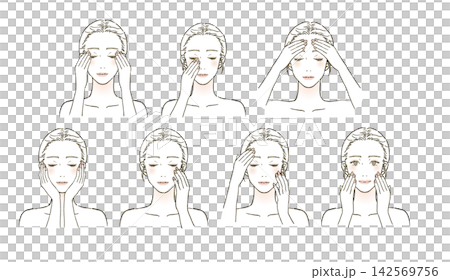 ビューティー 顔のケアをする女性のイラストレーションセット ビューティー 顔のケアをする女性のイラストレーションセット 142569756