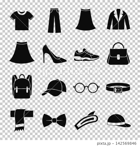 This image displays a collection of black silhouette icons representing various clothing items and fashion accessories This image displays a collection of black silhouette icons representing various clothing items and fashion accessories 142569846