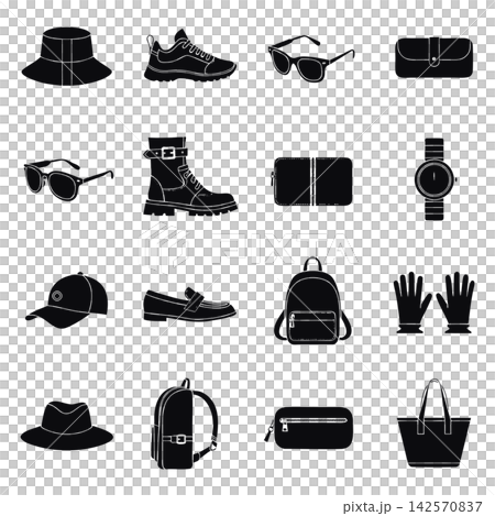 The image shows a set of black silhouette icons depicting various fashion accessories and footwear The image shows a set of black silhouette icons depicting various fashion accessories and footwear 142570837
