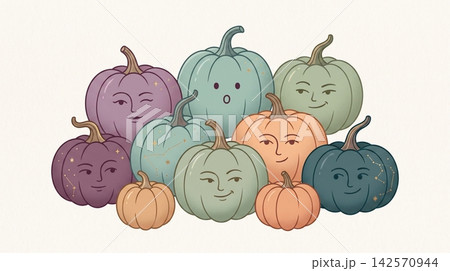 Group of colorful stylized pumpkins with human faces on a background 142570944
