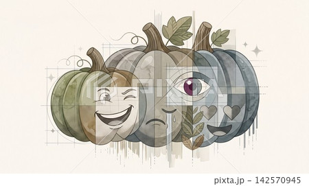 Abstract illustration of three pumpkins with various facial 142570945