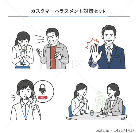 カスタマーハラスメント対策の基本フローをまとめたイラストセット カスタマーハラスメント対策の基本フローをまとめたイラストセット 142571417