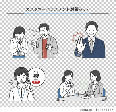 カスタマーハラスメント対策の基本フローをまとめたイラストセット カスタマーハラスメント対策の基本フローをまとめたイラストセット 142571417