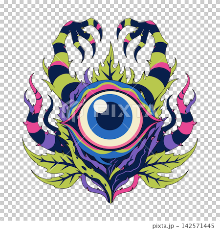 This is a vibrant, psychedelic vector illustration of a stylized all-seeing blue eye This is a vibrant, psychedelic vector illustration of a stylized all-seeing blue eye 142571445