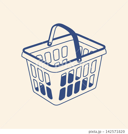 Hand drawn illustration of a plastic shopping basket. Minimalist blue line art. Hand drawn illustration of a plastic shopping basket. Minimalist blue line art. 142571820