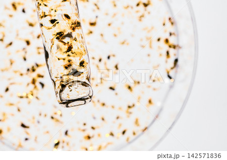 Golden skincare serum with gold flakes in glass dropper and petri dish on white background Golden skincare serum with gold flakes in glass dropper and petri dish on white background 142571836