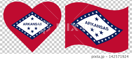 Arkansas flags variation. Waving flag of Arkansas isolate. Arkansas flag in heart shape. Arkansas flags variation. Waving flag of Arkansas isolate. Arkansas flag in heart shape. 142571924