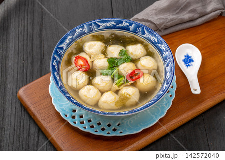 traditional Asian Fish Ball Soup with Seaweed and Fresh Cilantro traditional Asian Fish Ball Soup with Seaweed and Fresh Cilantro 142572040