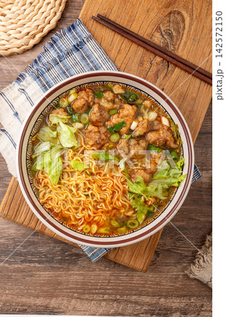 authentic Chinese Noodle Soup with Savory Donkey Meatballs and Scallions authentic Chinese Noodle Soup with Savory Donkey Meatballs and Scallions 142572150