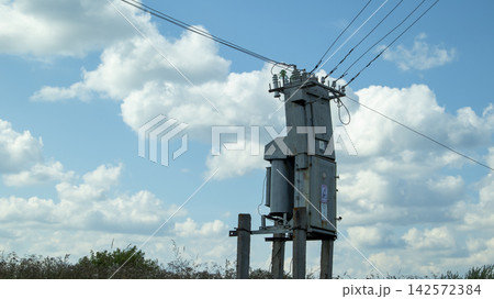A transformer shed in a field on a sunny day. A transformer shed in a field on a sunny day. 142572384