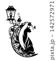 magic black cat sitting on crescent moon decorated with rose flowers black and white vector design 142572971