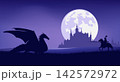medieval fantasy hero knight riding horse and fighting dragon by castle walls under full moon at night vector silhouette scene 142572972