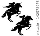fantasy princess riding rearing up unicorn horse black and white vector silhouette 142572976
