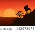 vector silhouette landscape with native american warrior and horse at mountain top watching sunset 142572978
