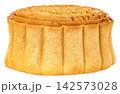 A traditional golden-brown mooncake isolated. Close-up side view showing the scalloped edges and detailed decorative pattern on top. Ideal for Mid-Autumn Festival concepts. 142573028